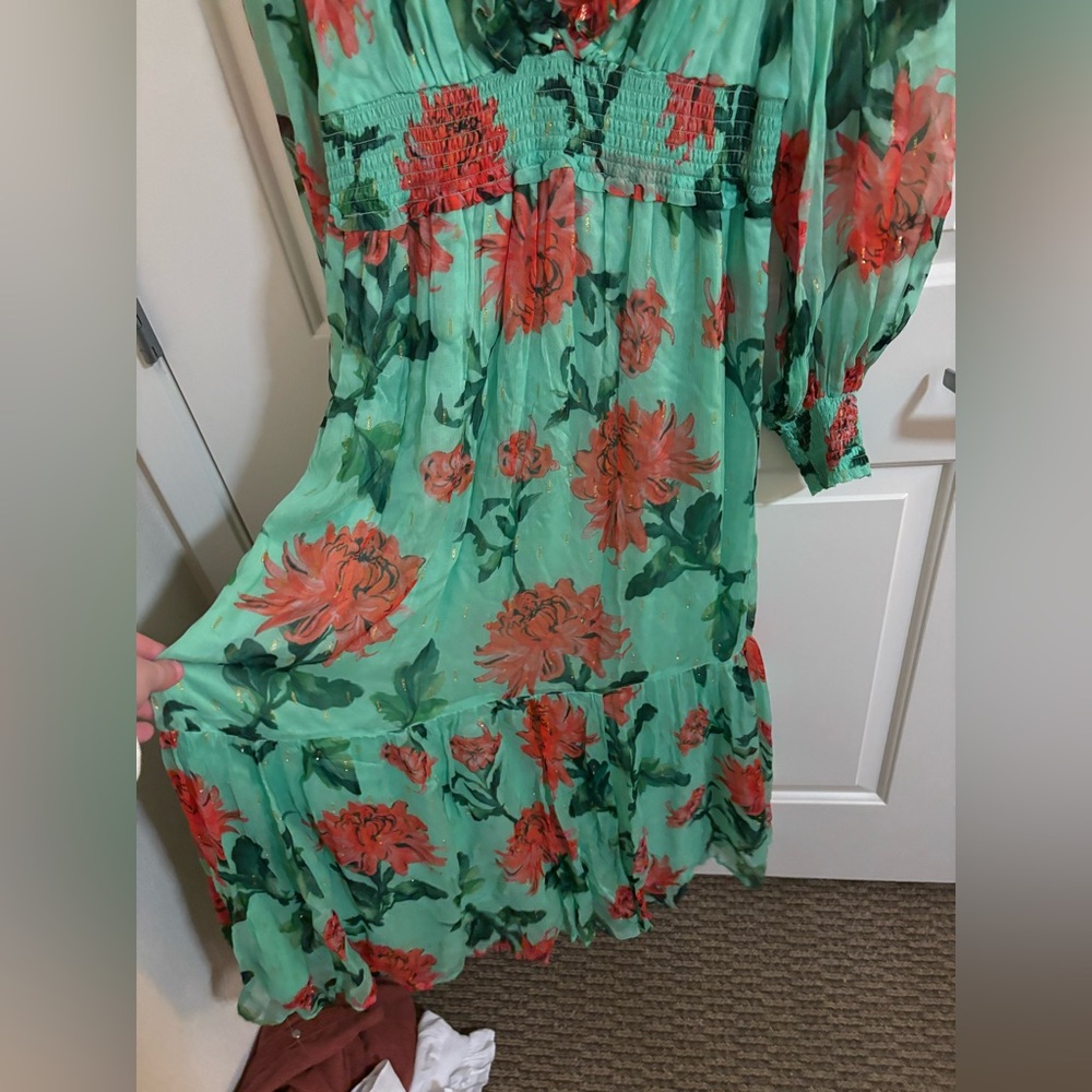 Anthropologie The Odetta Ruffled V-Neck Maxi Dress, Green and Red Floral, Size L - Picture 2 of 4